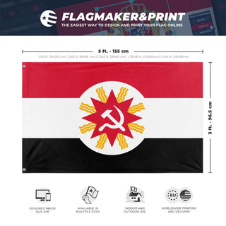 A mockup depicting custom flag specifications and measurements for 'Socialist Iraq Flag'