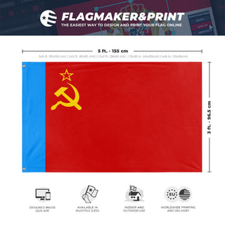 A mockup depicting custom flag specifications and measurements for 'Socialist Russia Flag'
