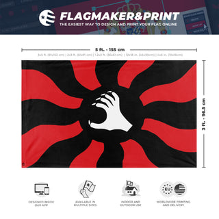 A mockup depicting custom flag specifications and measurements for 'Spanish Nationalist Syndicalist Party flag'