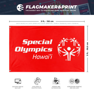 A mockup depicting custom flag specifications and measurements for 'Special Olympics Hawai'i flag'