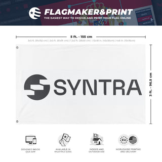 A mockup depicting custom flag specifications and measurements for 'Syntra Desk flag'
