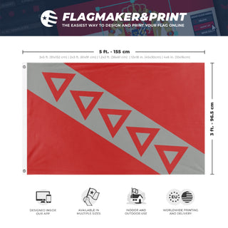 A mockup depicting custom flag specifications and measurements for 'TKE Flag'