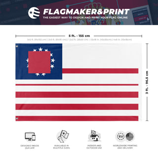 A mockup depicting custom flag specifications and measurements for 'T flag'