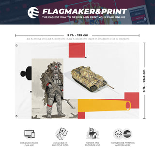 A mockup depicting custom flag specifications and measurements for 'T flag'