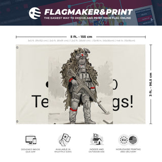 A mockup depicting custom flag specifications and measurements for 'T flag'