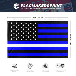 A mockup depicting custom flag specifications and measurements for 'Thin White Line Flag'
