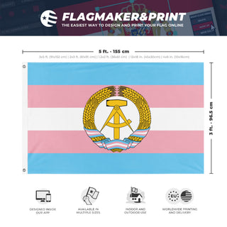 A mockup depicting custom flag specifications and measurements for 'Trans German Democratic Republic flag'
