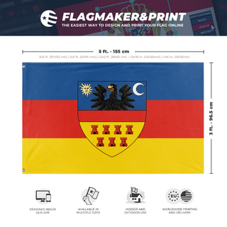 A mockup depicting custom flag specifications and measurements for 'Transylvania flag'