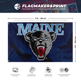 A mockup depicting custom flag specifications and measurements for 'UMaine Flag'