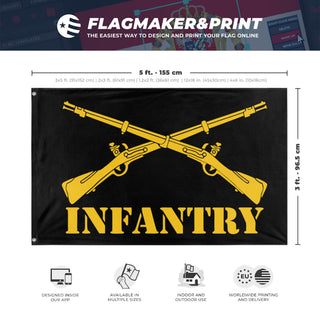 A mockup depicting custom flag specifications and measurements for 'U.S Army Infantry Branch flag'