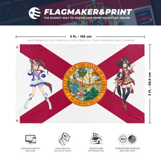 A mockup depicting custom flag specifications and measurements for 'Umamusume Florida flag'