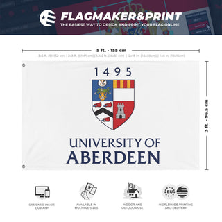 A mockup depicting custom flag specifications and measurements for 'University of Aberdeen flag'