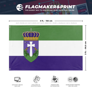 A mockup depicting custom flag specifications and measurements for 'Velaria Flag'