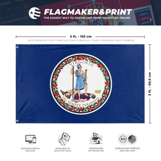 A mockup depicting custom flag specifications and measurements for 'Virginia State Flag'