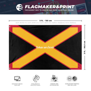 A mockup depicting custom flag specifications and measurements for 'Vokav un Excois flag'