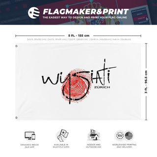 A mockup depicting custom flag specifications and measurements for 'WYSIATI Zurich flag'