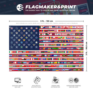 A mockup depicting custom flag specifications and measurements for 'We Are The World flag'