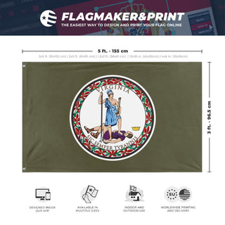A mockup depicting custom flag specifications and measurements for 'Whistlepig Virginia State flag'