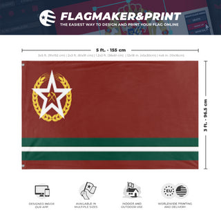 A mockup depicting custom flag specifications and measurements for 'Xeroist Republic of Zilatra flag'