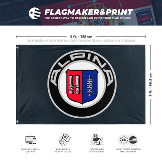 A mockup depicting custom flag specifications and measurements for 'alpina flag'