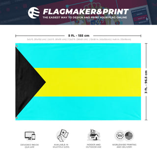 A mockup depicting custom flag specifications and measurements for 'bahamas flag'