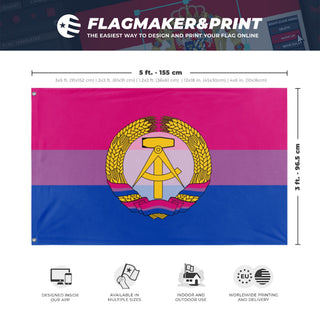 A mockup depicting custom flag specifications and measurements for 'biseuxal ddr flag'
