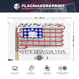 A mockup depicting custom flag specifications and measurements for 'deathgrips flag'