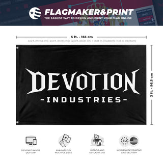 A mockup depicting custom flag specifications and measurements for 'deovtion industries flag'