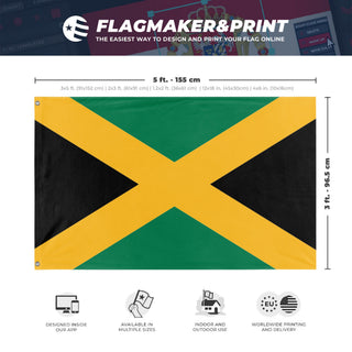 A mockup depicting custom flag specifications and measurements for 'jamaica flag'