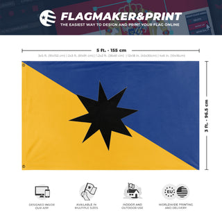 A mockup depicting custom flag specifications and measurements for 'principality of equina flag'
