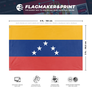 A mockup depicting custom flag specifications and measurements for 'republica bolivana de venezuela flag'