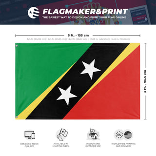A mockup depicting custom flag specifications and measurements for 'san cristobal y nieves flag'