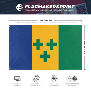 A mockup depicting custom flag specifications and measurements for 'san vicente y las granadinas flag'