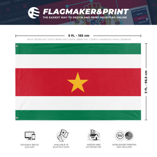 A mockup depicting custom flag specifications and measurements for 'surinam flag'