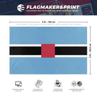 A mockup depicting custom flag specifications and measurements for 'test flag'