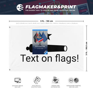 A mockup depicting custom flag specifications and measurements for 'test flag'
