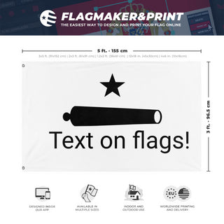 A mockup depicting custom flag specifications and measurements for 'test flag'