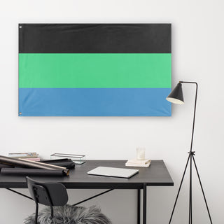 A lifestyle mockup of the custom flag 'Faiterian Order 1.0 flag' in a white office room