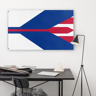 A lifestyle mockup of the custom flag 'Cool flag I made flag' in a white office room