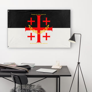 A lifestyle mockup of the custom flag 'ordo sanctus deserti flag' in a white office room