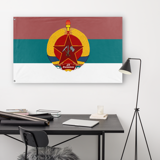 A lifestyle mockup of the custom flag 'AFR Druznoslavia flag' in a white office room