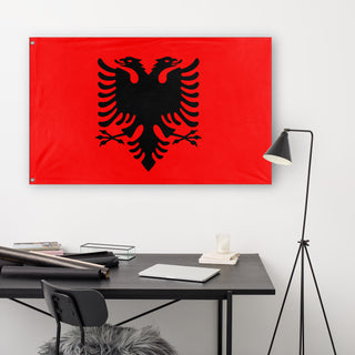 A lifestyle mockup of the custom flag 'Albania High Contrast flag' in a white office room