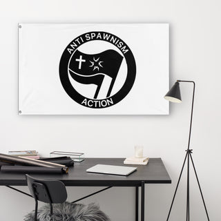 A lifestyle mockup of the custom flag 'Anti Spawnism Action flag' in a white office room