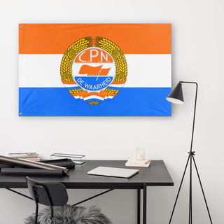 A lifestyle mockup of the custom flag 'CPN Prince Flag' in a white office room