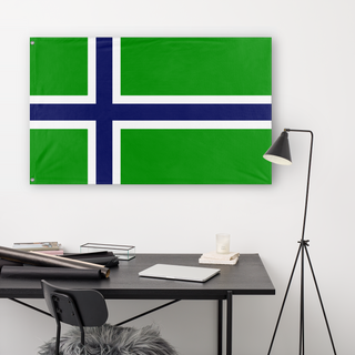 A lifestyle mockup of the custom flag 'Carrland flag' in a white office room