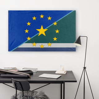 A lifestyle mockup of the custom flag 'European-River Union flag' in a white office room
