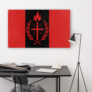 A lifestyle mockup of the custom flag 'FalangeLaVex flag' in a white office room