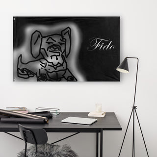 A lifestyle mockup of the custom flag 'Fido flag' in a white office room