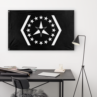 A lifestyle mockup of the custom flag 'IDTHR flag' in a white office room