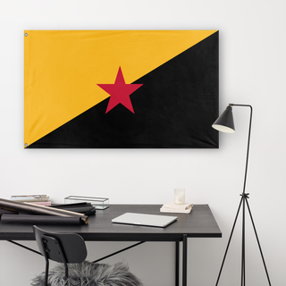 A lifestyle mockup of the custom flag 'Left-Rothbardian flag' in a white office room